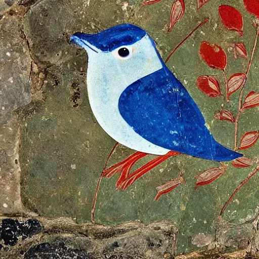 Prompt: “Blue Bird” fresco depicts a blue bird sitting among plants on a rock in a mountainous landscape. Part of a large landscape fresco that once decorated spacious room of a house west of palace of Knossos, House of frescoes, 1600-1500 BC, at Knossos, Crete.