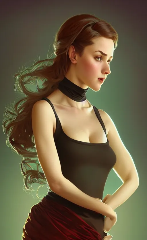 Image similar to portrait of a full body of beautiful young female secretary, d & d, sleeveless turtleneck, pencil skirt, fantasy, flat lighting, intricate, highly detailed, digital painting, artstation, concept art, smooth, sharp focus, illustration, art by simon bisley and greg rutkowski and alphonse mucha, natural tpose