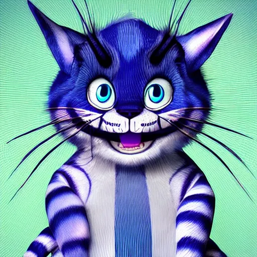 Image similar to cute blue striped cheshire cat. an adorable cat with light blue stripes, blue eyes and a big mischievous smile. stunning digital art by mona sundberg. fluffy, soft