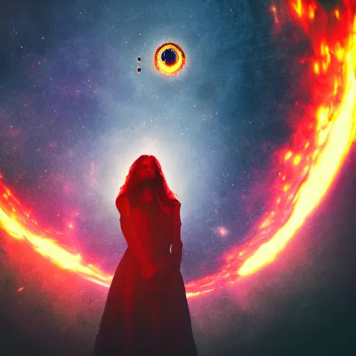 Image similar to a woman up there, sci - fi aesthetics, on fire, photoshop, colossal, creative and cool, giant, photo manipulation, planets, outer space, low angle, smoke, destruction