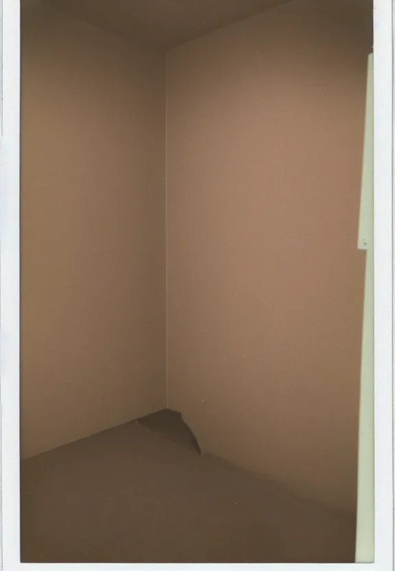 Image similar to a Polaroid photo of an ominous endless space of empty connecting rooms with vanilla colored wallpaper and brown carpet, no windows