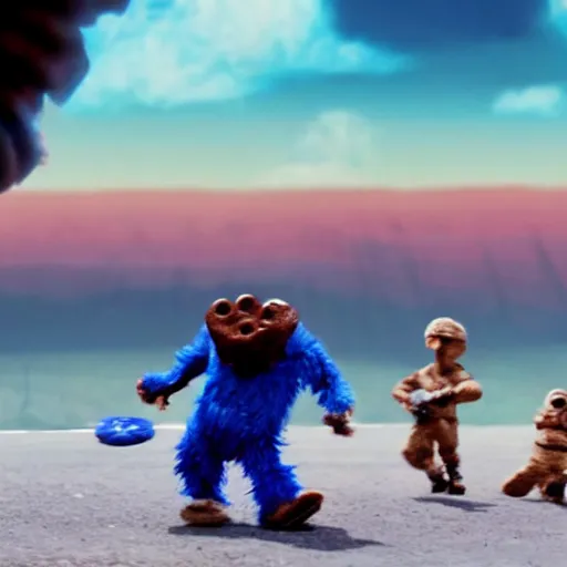 Image similar to cinematic shot, the cookie monster is rambo, explosions in the background