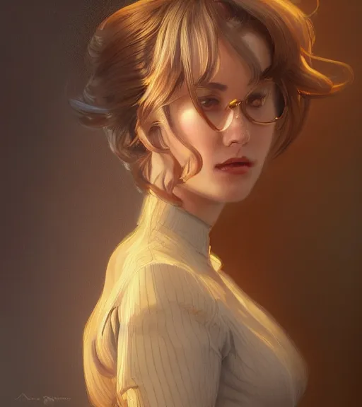 Image similar to a girl wearing a golden dress, grey hair, red necktie, cinematic, stunning, highly detailed, digital painting, artstation, smooth, hard focus, full body shot, illustration, art by artgerm and greg rutkowski and alphonse mucha