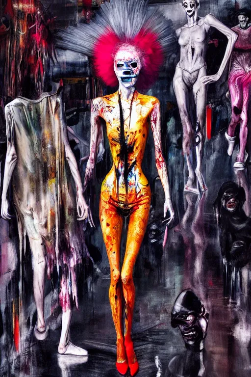 Image similar to crazy fashion catwalk, one model, crazy clothes, biopunk style, horror, hauntingly surreal, highly detailed painting by francis bacon, edward hopper, adrian ghenie, gerhard richter, and james jean soft light 4 k,