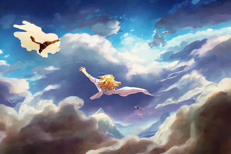 Image similar to A cell animation of girl flying with a bird-shaped white glider over the clowds, Nausicaa of the Valley of the Wind, Miyazaki Hayao, ghibli style, highly detailed, digital painting, concept art, sharp focus, illustration, anime, trending on artstaion