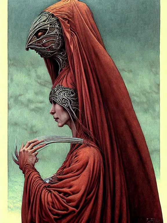 Image similar to soaring woman wearing a huge round mask hiding her face with many thick long blades behind head. dressed in a long robe with wide sleeves. highly detailed, symmetric, concept art, saturated colors, masterpiece, fantasy art, hyperdetailed, hyperrealism, art by zdzisław beksinski, arthur rackham, dariusz zawadzki, larry elmore