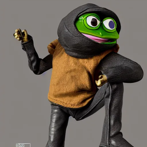 Image similar to perfectly accurate miniature figure of pepe the frog wearing jeans and a black leather jacket, soft textures, skin texture, clothing, 3d sculpture, textured, fine detail, lifelike, photo, high resolution, octane render, post processing, after effects, trending on artstation