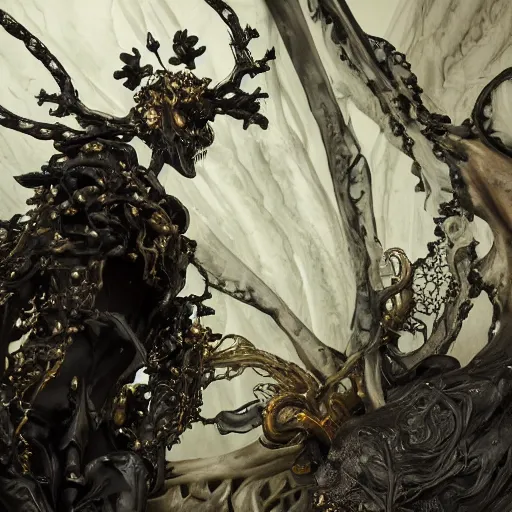 Image similar to garden of bone, dark priest, carved latex armour transparent black veil, hell, dark gold accents, frontal, black rococo, sculpted by tsutomu nihei, emil melmoth, zdzislaw belsinki, craig mullins, yoji shinkawa, artstation, beautifully lit, peter mohrbacher, zaha hadid, hyper detailed, insane details