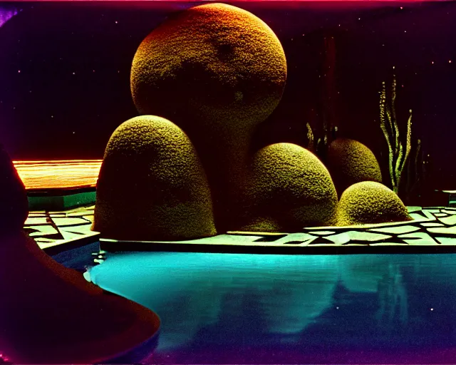 Prompt: low angle shot of a space port at night, aquatic plants, coral, shabby chic, cinematography by Jim Jarmusch, composition by Hale Woodruff,in the style of Nan Goldin, set design by Antonin Gaudí, 35mm, graflex, color film photography