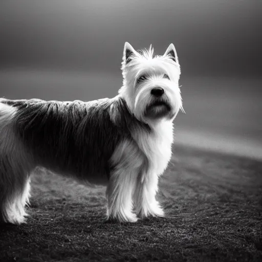 Prompt: the most beautiful west highland terrier, dramatic, depth of field, mist, particles