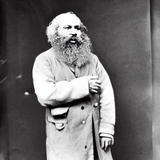 Image similar to Karl Marx dressed as a Starbucks Barista, photograph