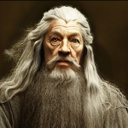 Image similar to a still from “ lord of the rings ” of a head and shoulders portrait of fei lung dressed like gandalf, photo by phil noto