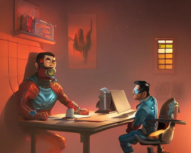 Image similar to an insanely detailed painting of a nerdy asian man wearing a superhero costume, sitting at a desk, staring at the nervously at the computer and typing, in the style of peter mohrbacher, dramatic lighting and composition, octane render, pixar, trending on artstation, concept art, comic book, view from behind