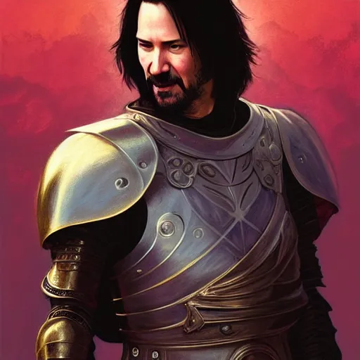 Image similar to Keanu Reeves dressed as a knight, D&D, fantasy, intricate, elegant, highly detailed, digital painting, artstation, concept art, matte, sharp focus, illustration, art by Artgerm and Greg Rutkowski and Alphonse Mucha