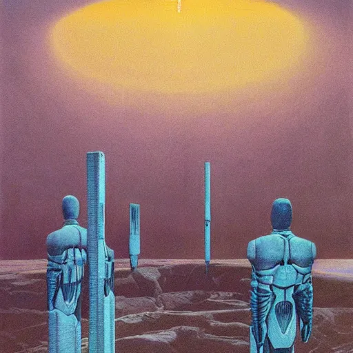 Prompt: painting of a syd mead scifi ancient civilzation brutalist architecture, purple sun, beksinski