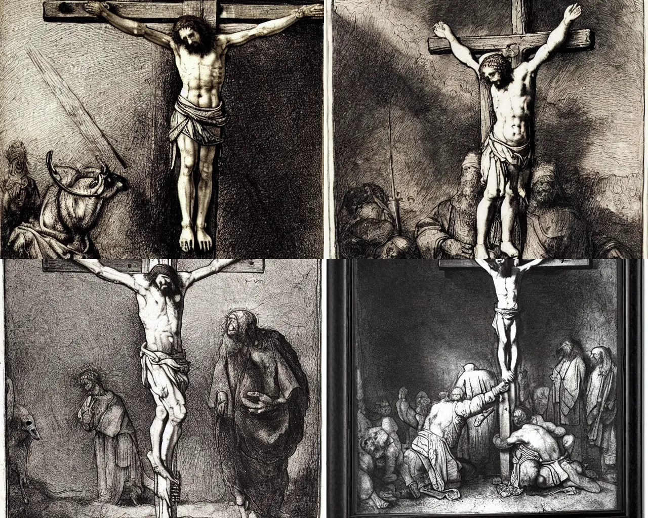 Prompt: the crucifixion of christ with goat head and hoof legs by rembrandt,