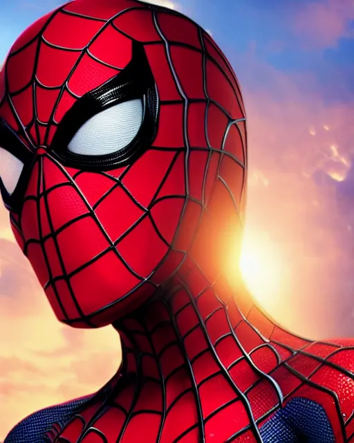 Image similar to A photo of an live-action animated SpiderMan movie starring emma watson. Emma watson face reveal. rendered in Unreal Engine, 8K concept art, detailed, cohesive, mixed media, volumetric lighting, ambient occlusion, 8K 3D, shot on Kodak Ektar