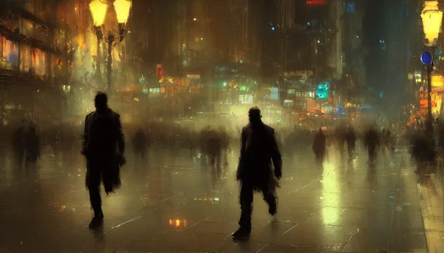 Image similar to portrait of a tired man walking in a big city at night by craig mullins and ruan jia, atmospheric, vivid, masterpiece, bokeh