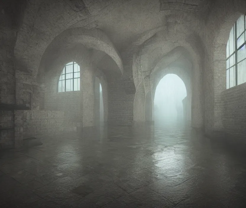 Image similar to tiled room squared waterway, aqueducts, gloomy and foggy atmosphere, octane render, artstation trending, horror scene, volumetric lighting, highly detailded