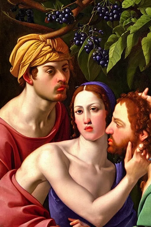 Prompt: renaissance painting of jealous men, portrait, face closeup, emotions closeup, dressed in roman clothes, the beautiful garden with blueberry bush everywhere, ultra detailed, art by guido reni style, vincenzo catena style