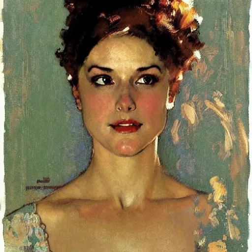 Image similar to abstract portrait of a beautiful woman by norman rockwell, greg manchess, mucha