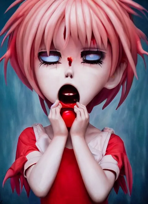 Prompt: a dramatic emotional hyperrealistic pop surrealist oil panting of a sad sobbing grotesque kawaii vocaloid figurine caricature sobbing red in the face uglycrying with tears and snot featured on spitting image by passarotti made of badballs, 😭 🤧 💔