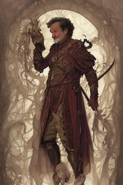 Prompt: an ultradetailed full body portrait of robin williams dressed as sheogorath, d & d, fantasy, intricate, elegant, highly detailed, digital painting, matte, sharp focus, illustration, art by john collier and albert aublet and krenz cushart and artem demura and alphonse mucha