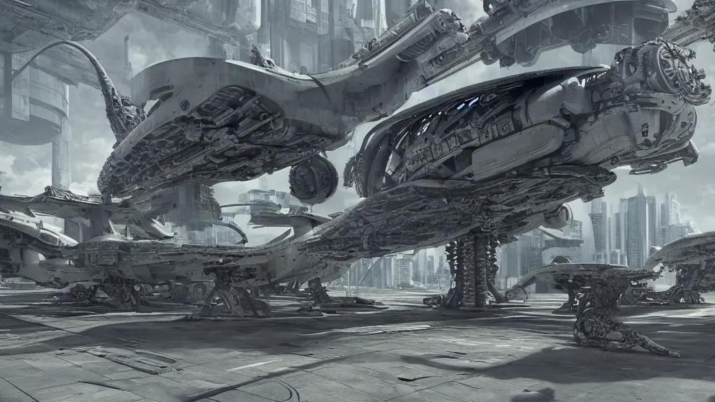 Image similar to organic mechanical metal osprey aircraft, giger influenced with ornate intricate details, landed on futuristic brutalist concrete heliport, ornate buildings with white and blue flowers, with cyborg female soldiers wearing stealth transparent clothing, daytime, wet floor on streets, matte painting, unreal engine, cinematic camera, mirrors edge,