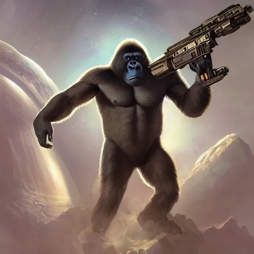 Image similar to detailed science - fiction character portrait of a silverback gorilla shooting a alien gun in space, intricate, wild, highly detailed, digital painting, artstation, concept art, smooth, sharp focus, illustration, art by artgerm and greg rutkowski and alphonse mucha