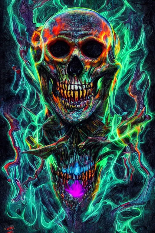 Image similar to 35 mm lens photo of chthonic scull lsd colors with sharp teeth and glowing demonic eyes and rgb background smoke, direct sunlight, glowing, vivid, detailed painting, Houdini algorhitmic pattern, by Ross Tran, WLOP, artgerm and James Jean, masterpiece, award winning painting