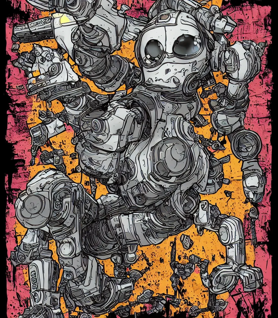 Prompt: ROBOT CAT from borderlands [highly detailed] [colored pencil illustration] [screen print] [halftone tshirt design] [4k]