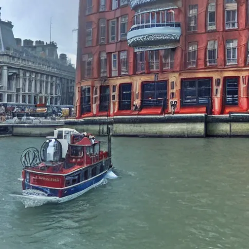 Image similar to surrealistic boat steamimg through the streets of London