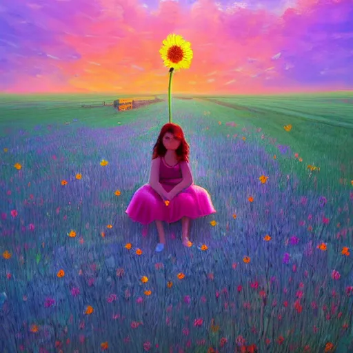 Image similar to giant daisy flower head, girl sitting in a flower field, surreal photography, sunrise, dramatic light, impressionist painting, colorful clouds, digital painting, artstation, simon stalenhag