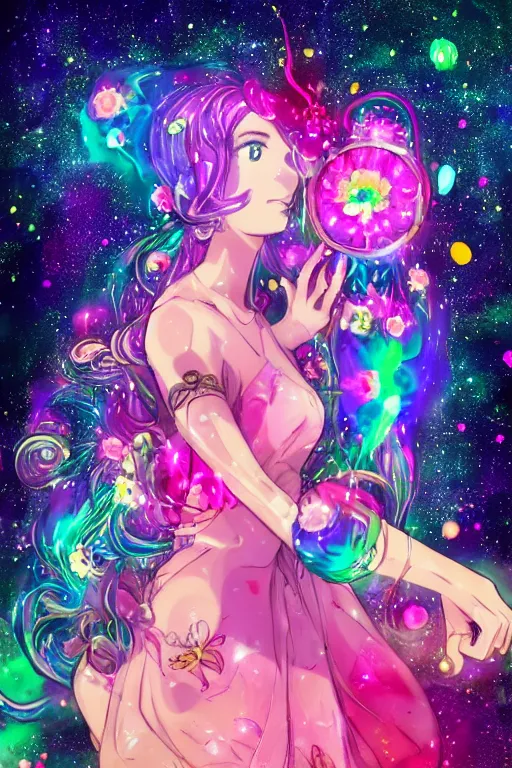 Image similar to psychedelic, whimsical, anime, 4k, beautiful intimate woman blowing smoke, with professional makeup, long trippy hair, a crystal and flower dress, sitting in a reflective pool, surrounded by gems, underneath the stars, rainbow fireflies, trending on patreon, deviantart, twitter, artstation, volumetric lighting, heavy contrast, art style of Ross Tran and Viktoria Gavrilenko and Ilya Kuvshinov