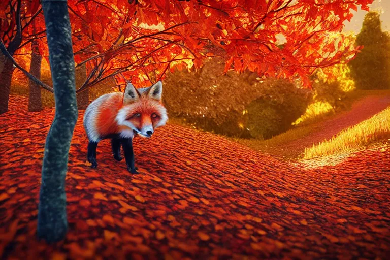 Image similar to super detailed color lowpoly art, red fox in an autumn maple forest, unreal engine, retrowave color palette, 3 d render, lowpoly, colorful, digital art, perspective