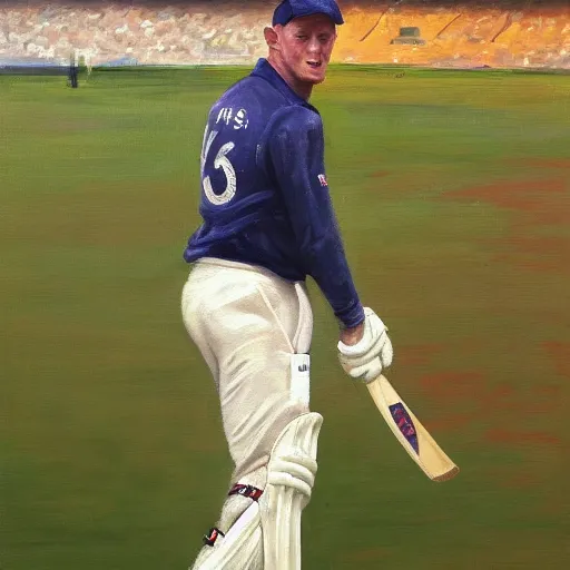 Prompt: a portrait of Ben Stokes, England cricket captain, oil painting in the style of Lucian Freud, morning light, trending on artstation