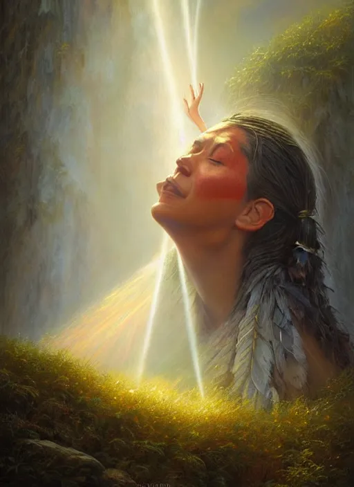 Image similar to a beautiful closeup portrait of an indigenous female shaman receiving particles of loving light energy, god rays, matte painting, designed by dr seuss and michal karcz, by christophe vacher