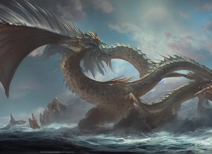 Prompt: detailed concept art of a huge sea dragon by cheng yi and luolin, artstation, artstationhd