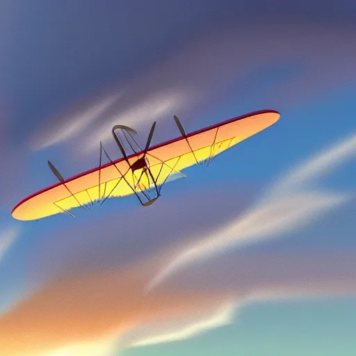 Prompt: the silhouette of a biplane flying through golden clouds at sunset, digital art, detailed, 4 k, artstation