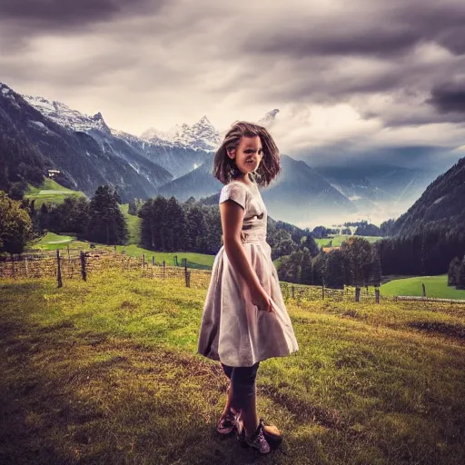 Image similar to a beautiful photograph of a girl with switzerland landscape in the background with trees, hdr, 8 k, high quality, sharp focus, artstation, highly detailed, award - winning, dramatic lighting, beautiful clouds, and nature, digital art