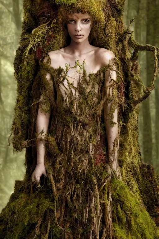 Prompt: hyper realistic self portrait of a dryad nature spirit, clothed in a gown made out of bark and moss, by laura zalenga, by alexander holllow fedosav, by aleksi briclot, 8 k dop dof hdr