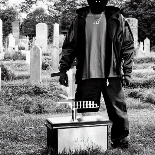 Image similar to MF DOOM standing in a graveyard with a dug up coffin, studio photograph