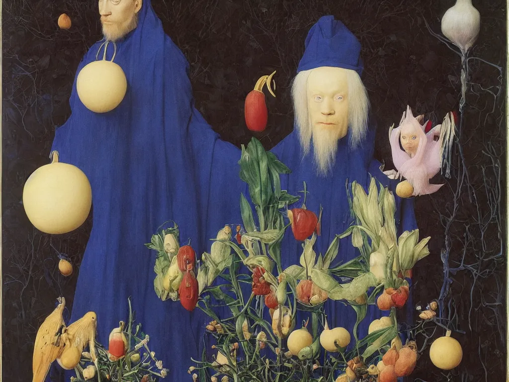 Image similar to Portrait of albino mystic with blue eyes, with beautiful exotic Blepharopsis mendica. Painting by Jan van Eyck, Audubon, Rene Magritte, Agnes Pelton, Max Ernst, Walton Ford