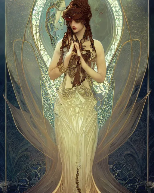 Image similar to tarot card, high priestess, Art nouveau, intricate, elegant, highly detailed, concept art, sharp focus, beautiful face!!, digital art, smooth, by Bastien Deharme, Brom, trending on Artstation, Alphonse Mucha