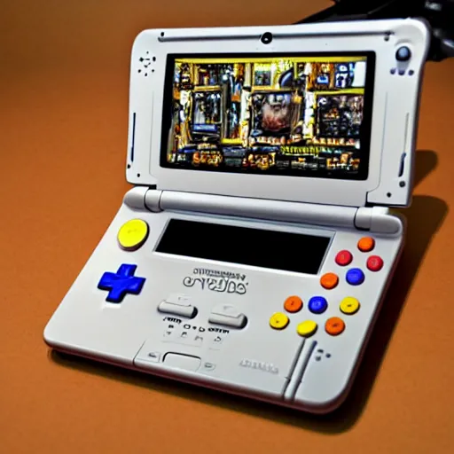 Image similar to a hyper, coherent photoshoot of a golden nintendo 3 ds system