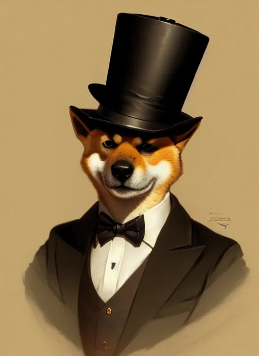 Prompt: portrait of a shiba inu as a gentleman, top hat, intricate, headshot, highly detailed, digital painting, artstation, concept art, sharp focus, cinematic lighting, illustration, art by artgerm and greg rutkowski, alphonse mucha, cgsociety