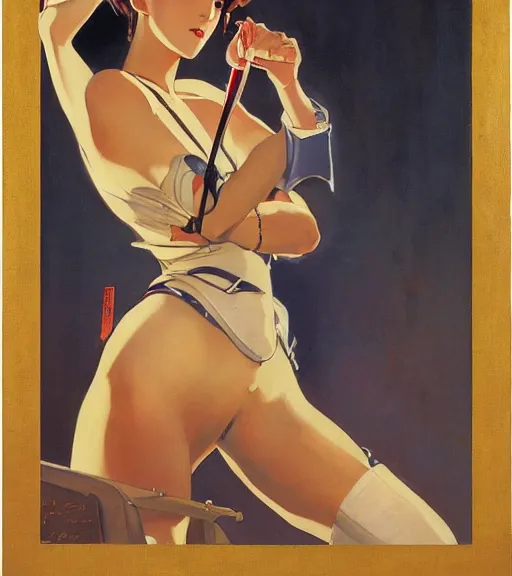 Image similar to j. c. leyendecker painting of an anime woman, direct flash photography at night, film grain