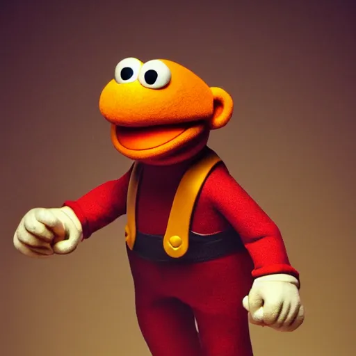 Image similar to A full body still of Mario as a muppet, photo real, photographic, photograph, artstation, trending, award winning, epic lighting, featured