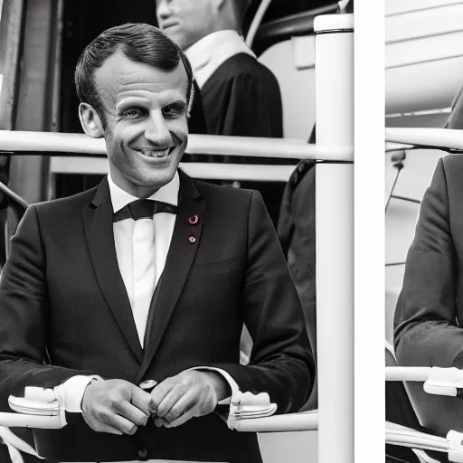 Image similar to Emmanuel Macron on a steamboat, dressed like 1912 ship captain, 50mm photography, high quality, 4K