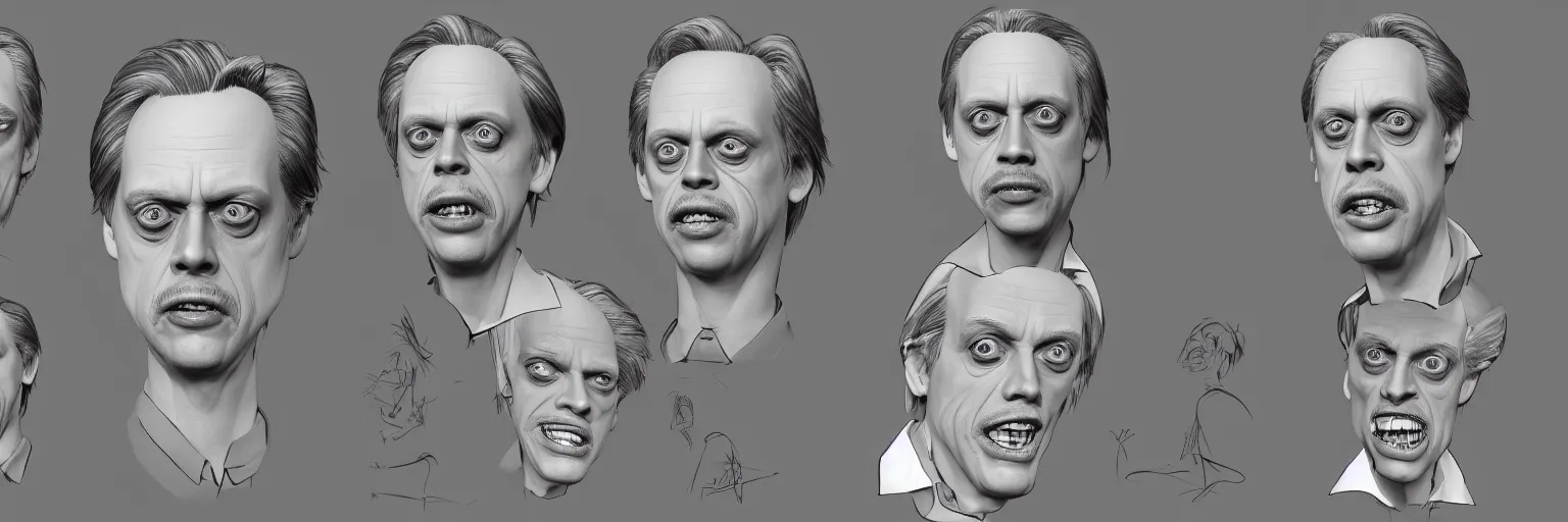 Prompt: character study of steve buscemi and gary busey, clear faces, wild, crazy, character sheet, fine details, concept design, contrast, kim jung gi, pixar and da vinci, trending on artstation, 8 k, full body and head, turnaround, front view, back view, ultra wide angle